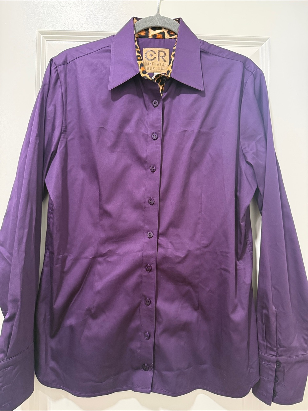 CR RanchWear Western Ranch Button Down Show Top Shirt Purple Leopard Women’s L